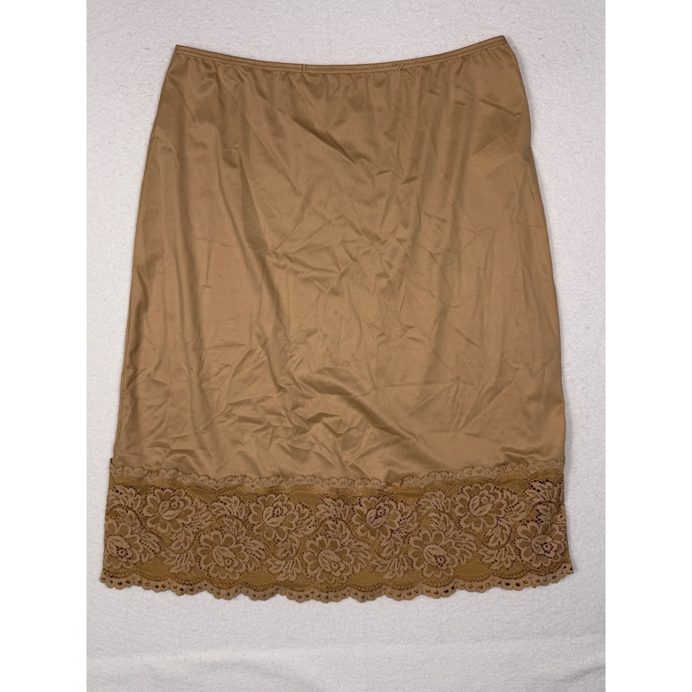 Vanity Fair Half Slip Women Medium Tan Floral Lace Trim‎ Nylon Spandex 11047 22"